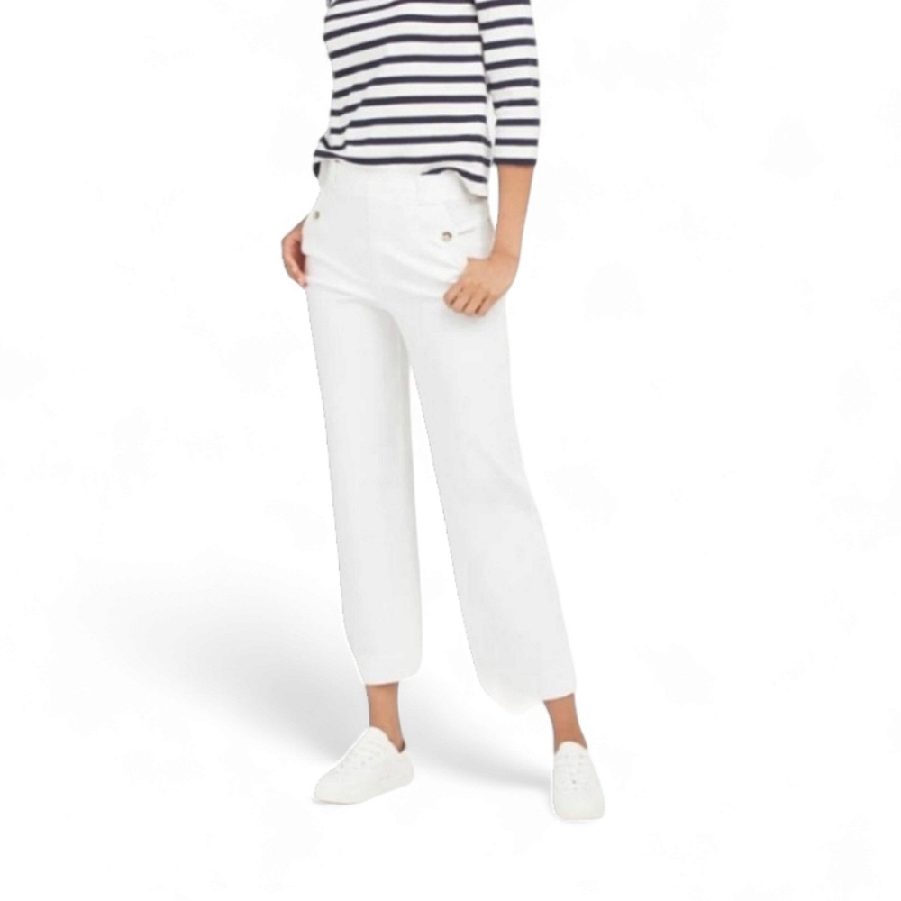 Spanx Women's Stretch Twill Wide Leg White Figure Flattering Ankle Jeans Size L